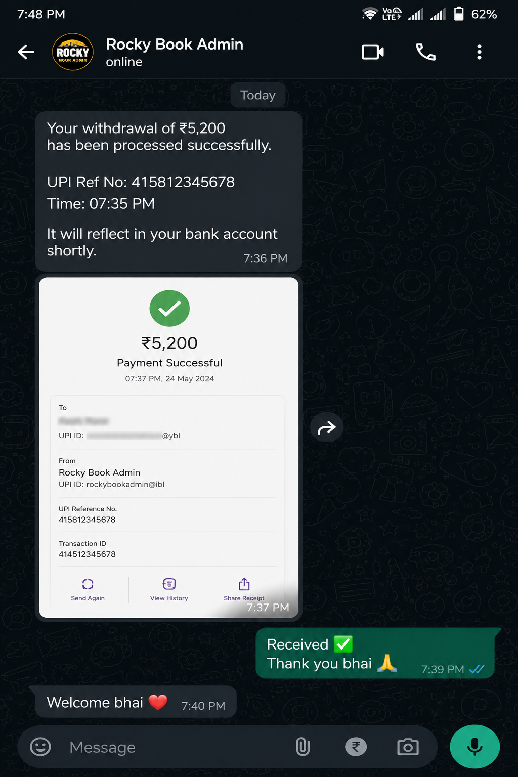 Proof of withdrawal in WhatsApp